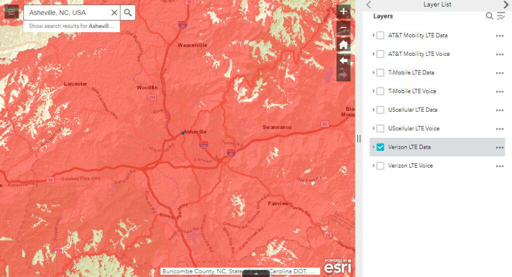 August 9, 2021 Verizon LTE 4G Data FCC Map - Metro Asheville