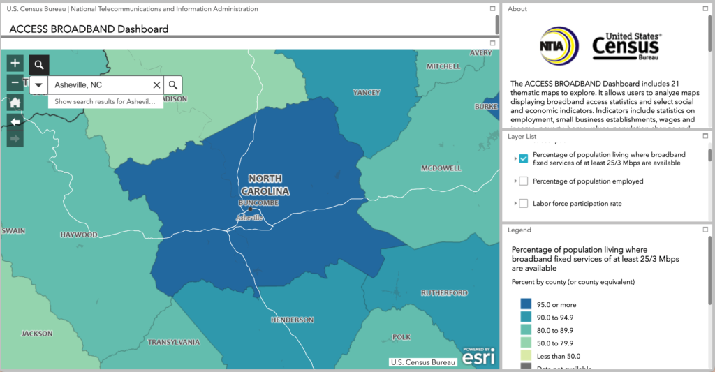 Asheville area percentage of population living where broadband fixed service of at least 25/3 Mbps are available